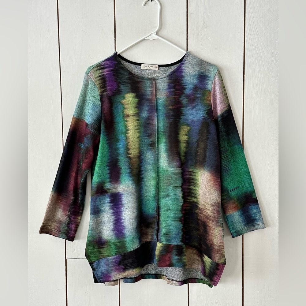 Jess & Jane Reflections French Brushed Knit Slit Top Sz M Green Multi
